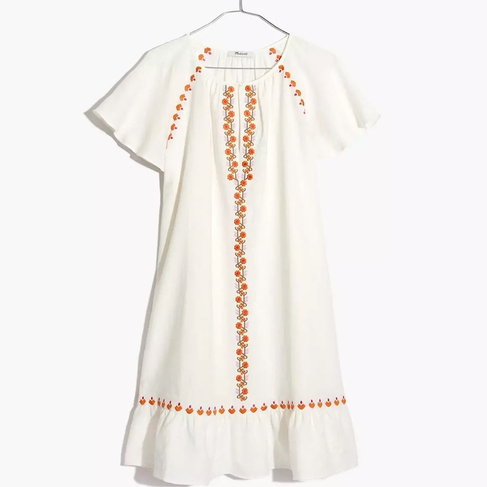 Madewell White and Orange Embroidered Mini Dress
